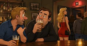 Begge ser en lekker dame i baren. Det som skjer? Jeg ler så tårene triller!